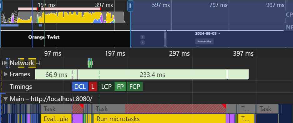 A performance profile in Chrome's devtools showing one main long task, with the total loading time being around 400ms.